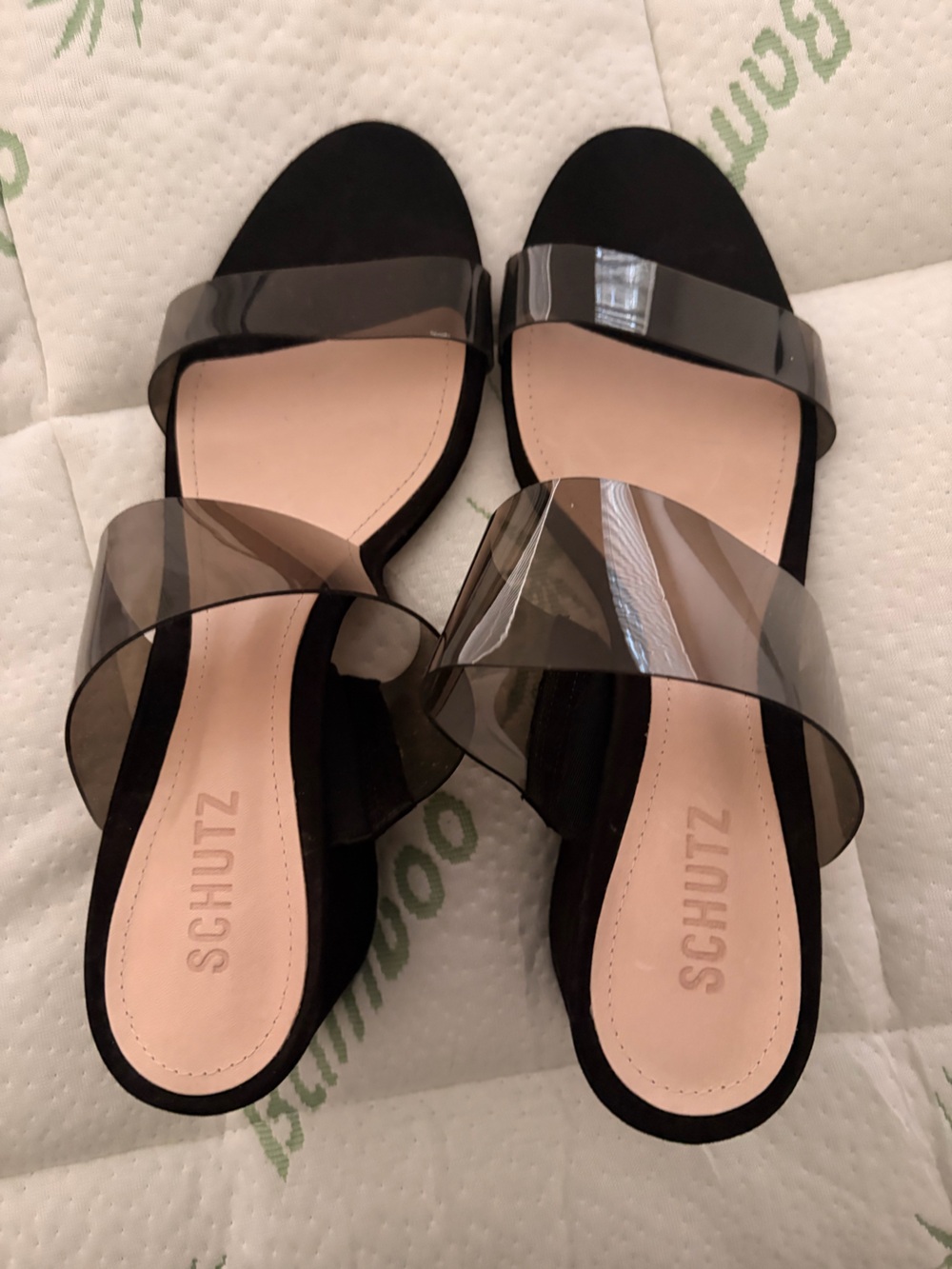 SCHUTZ Black and Clear Vinyl Slide Mules